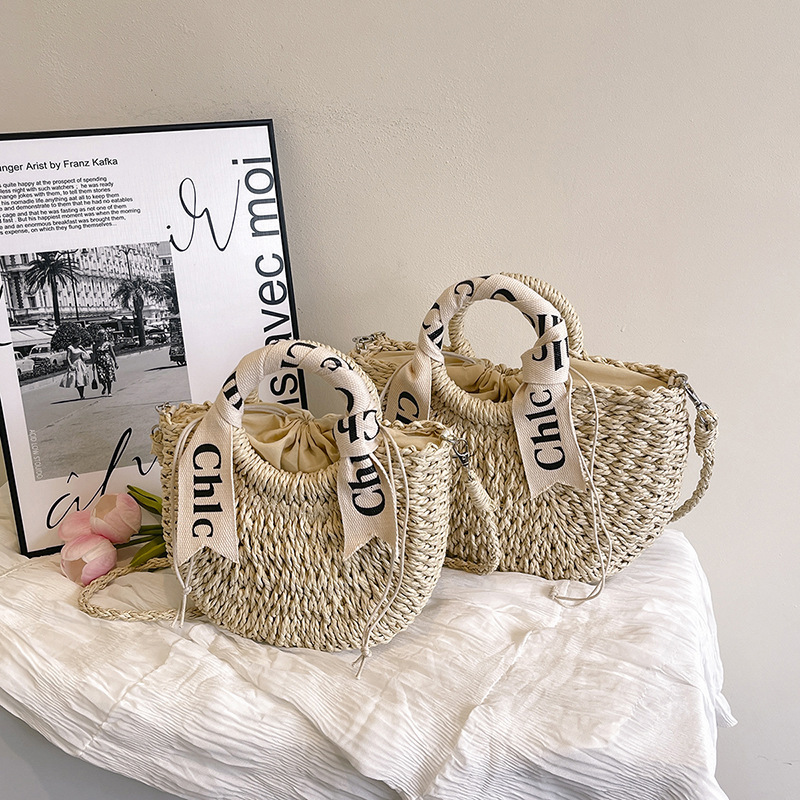 designer bag Letter Scarf Strap Woven Women's Straw Vacation Handbag Round Bucket Bag Beach