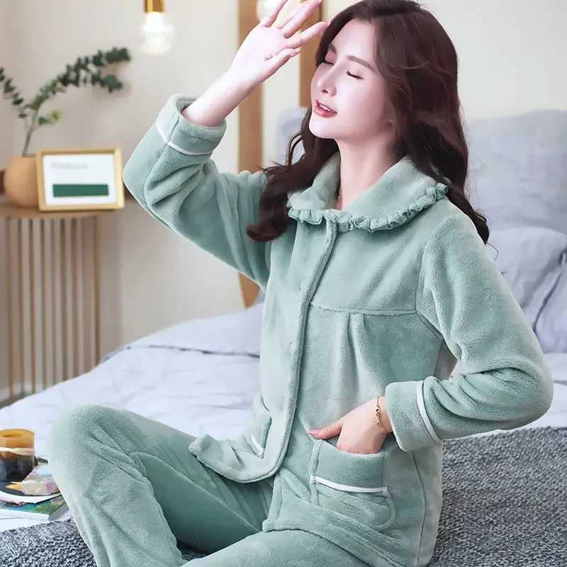 Autumn Winter Thicken Flannel Women Pajamas Set Twopiece suit Warm Loose Longsleeve Female Casual Home service Singlebreasted Y251013