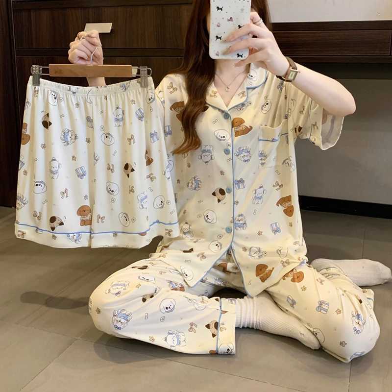 New Pajamas Female Summer Fashion Print ShortSleeved Homewear Suit Korean Cartoon Sweet and Lovely Ladies Homewear 3 PC PajamasT251014