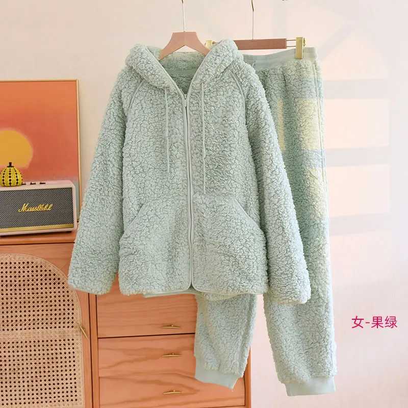 Korean New Women Warm Coral Fleece Pajamas Set Autumn Winter Sleepwear 2 Pieces Home Suit Casual Hooded Pajamas Night Wear Y251013