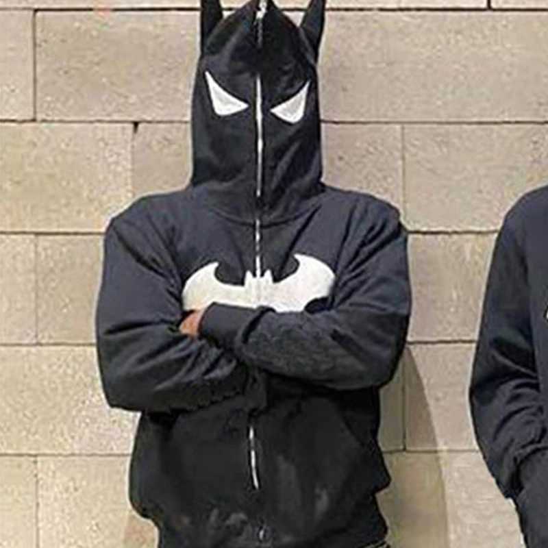 Gothic Bat Cartoon Flocking Print Hoodie Hip Hop European American Personality Rock Fashion Street Men Full Zipper Sweatshirt J251203
