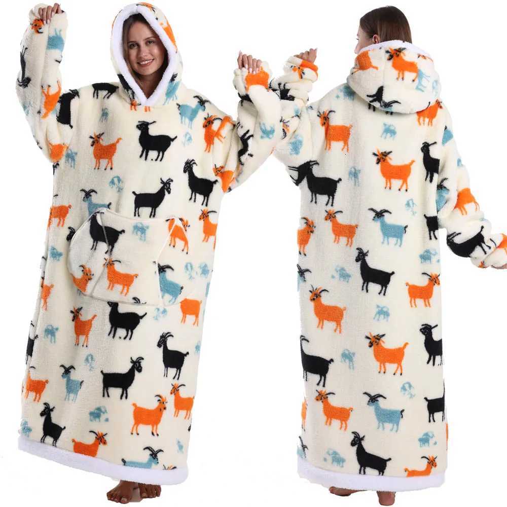 Long Oversized Blanket Hoodis Women Men Coldproof Homwear Loose Pullover Cartoon Plush Fleece Sweatshirts Wearable Blankets Y251013