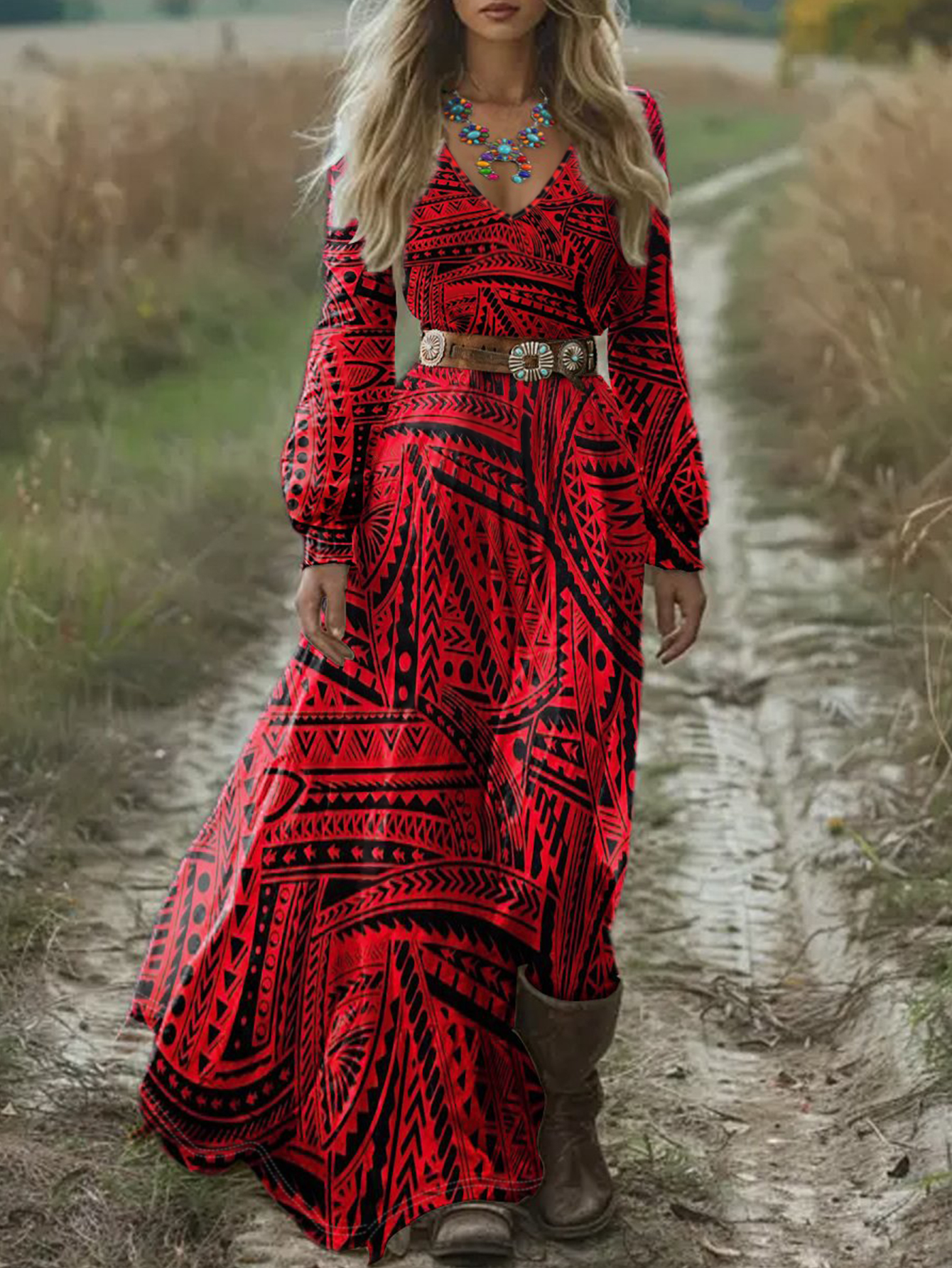 Women's Autumn Winter French - Style Elegant Long - Sleeve All - Over Printed Midi Dress - Casual Office & Vacation Wear-CF56326