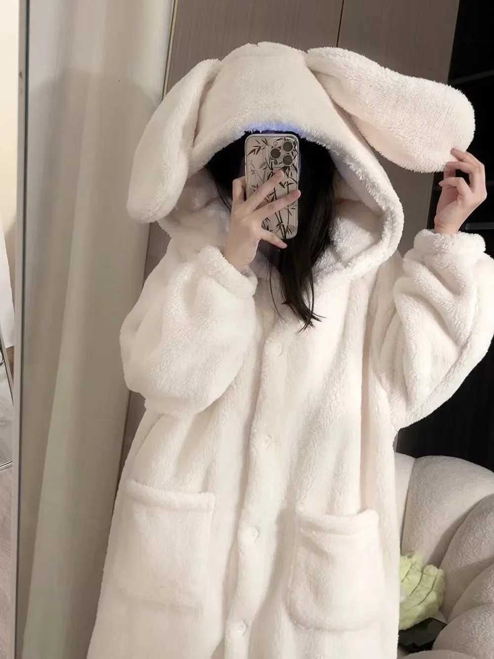 Winter Fluffy Rabbit Ear Hooded Pajamas Womens New HighEnd Thickened Warm Flannel Robe Home Clothes Y251013