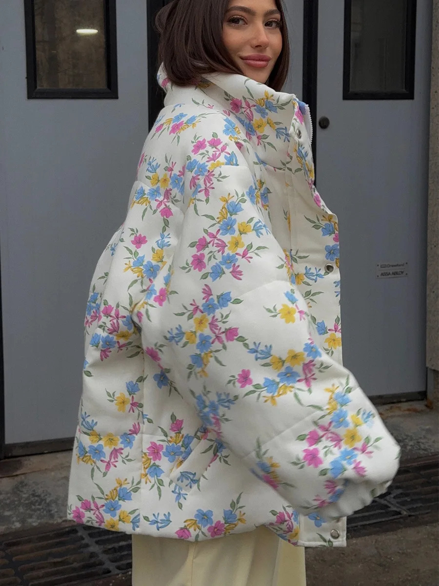 Bornladies Womens Puffer Jacket Stand Up Collar Zipper Closure Floral Print Warm Cotton Filled Coat Oversized Autumn Winter 251011