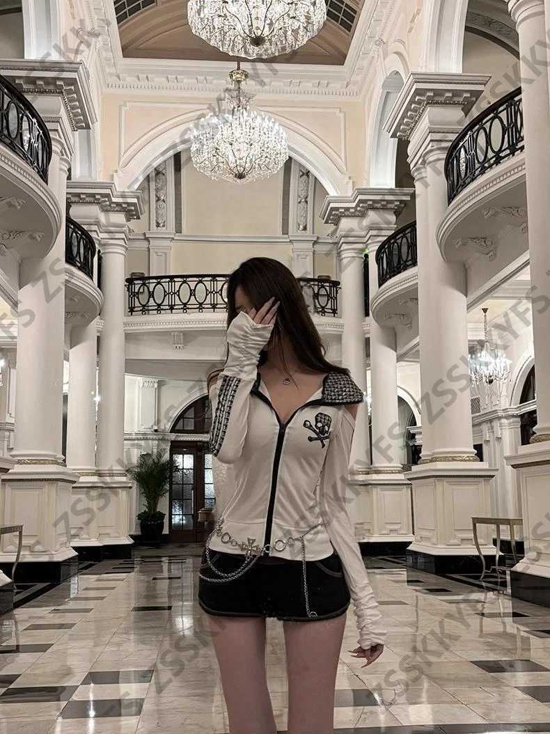 Go Hoodie Skull Print Y2k 90s Vintage Harajuku Slim O Shoulder Hot Sweet Coat Sweatshirt Basics Femme Grunge Emo Winte c W251014