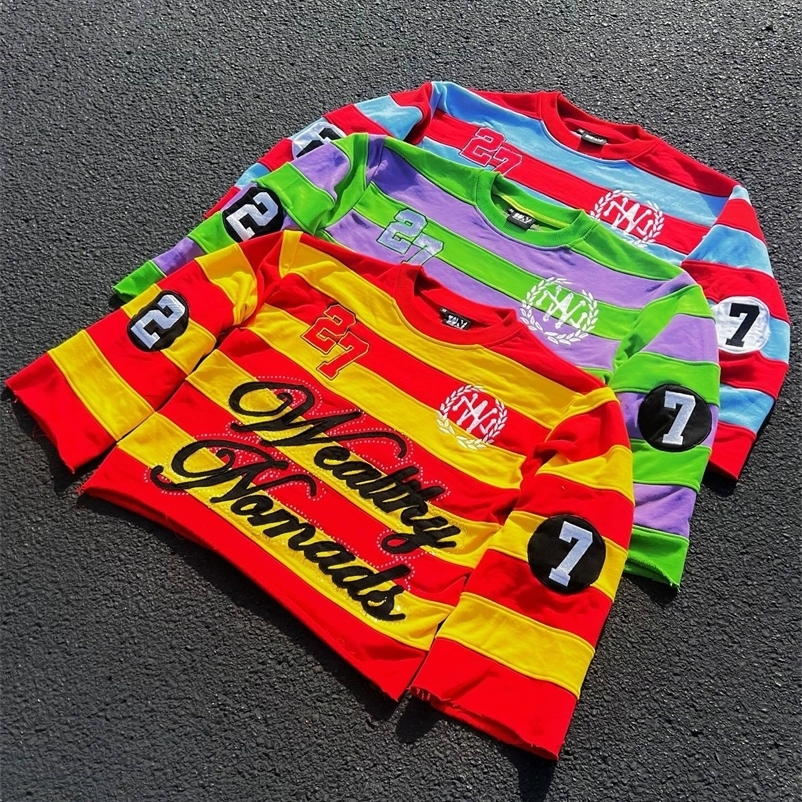 Men Women Hip Hop Patchwork Stripe Graphic T Shirt Y2k Harajuku Fashion Round Neck Shirt Long Sleeved T Shirts 251013