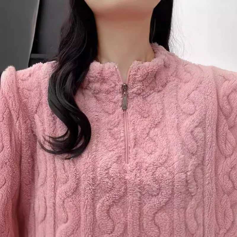 Thickened Pajama Pants Set Piece Set Womens Warm Coral Velvet Half Zip Long Sleeve Sleepwear Elastic Striped Jacquard Homewear Y251013