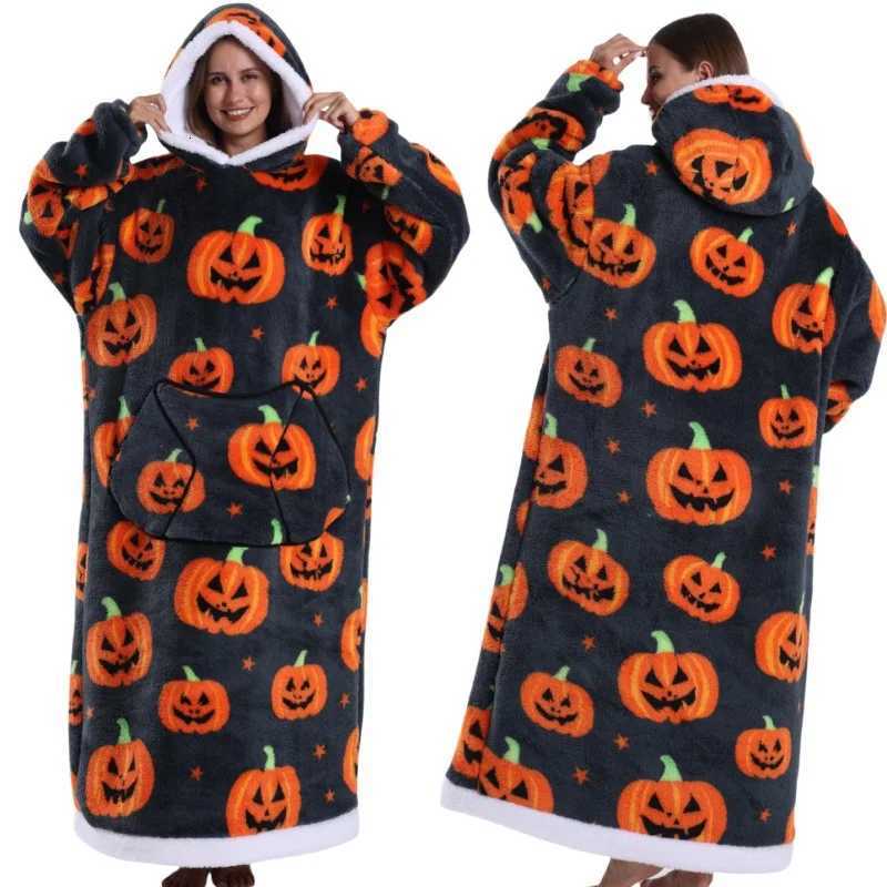 Super Long Wearable Blanket Hoodies Flannel Women Mens Oversized Hoodie Giant Blanket Halloween Winter Thicken Pullover Fleeces Y251013