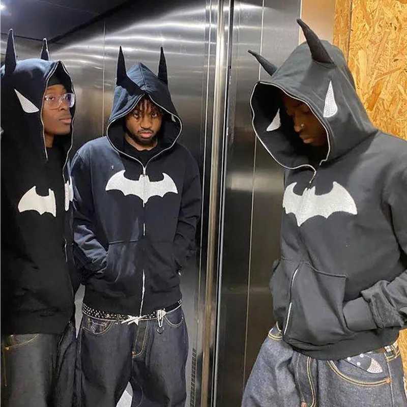 Gothic Bat Cartoon Flocking Print Hoodie Hip Hop European American Personality Rock Fashion Street Men Full Zipper Sweatshirt J251203