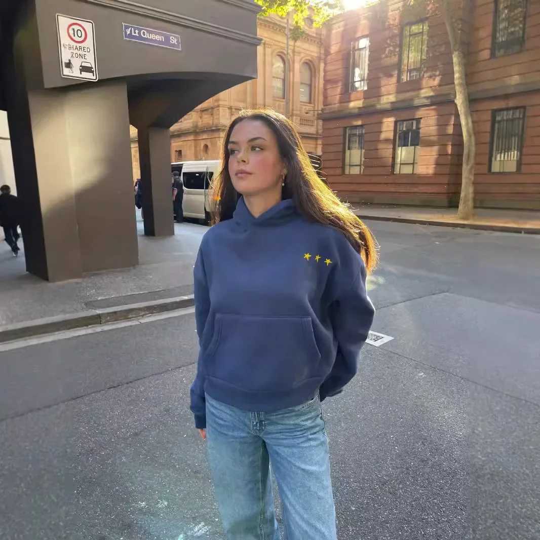 Fleece Lined Hoodie Womens Autumn Winter Star Print Sweatshirt with Pocket Full Sleeve Other Style from Mainland China J251203