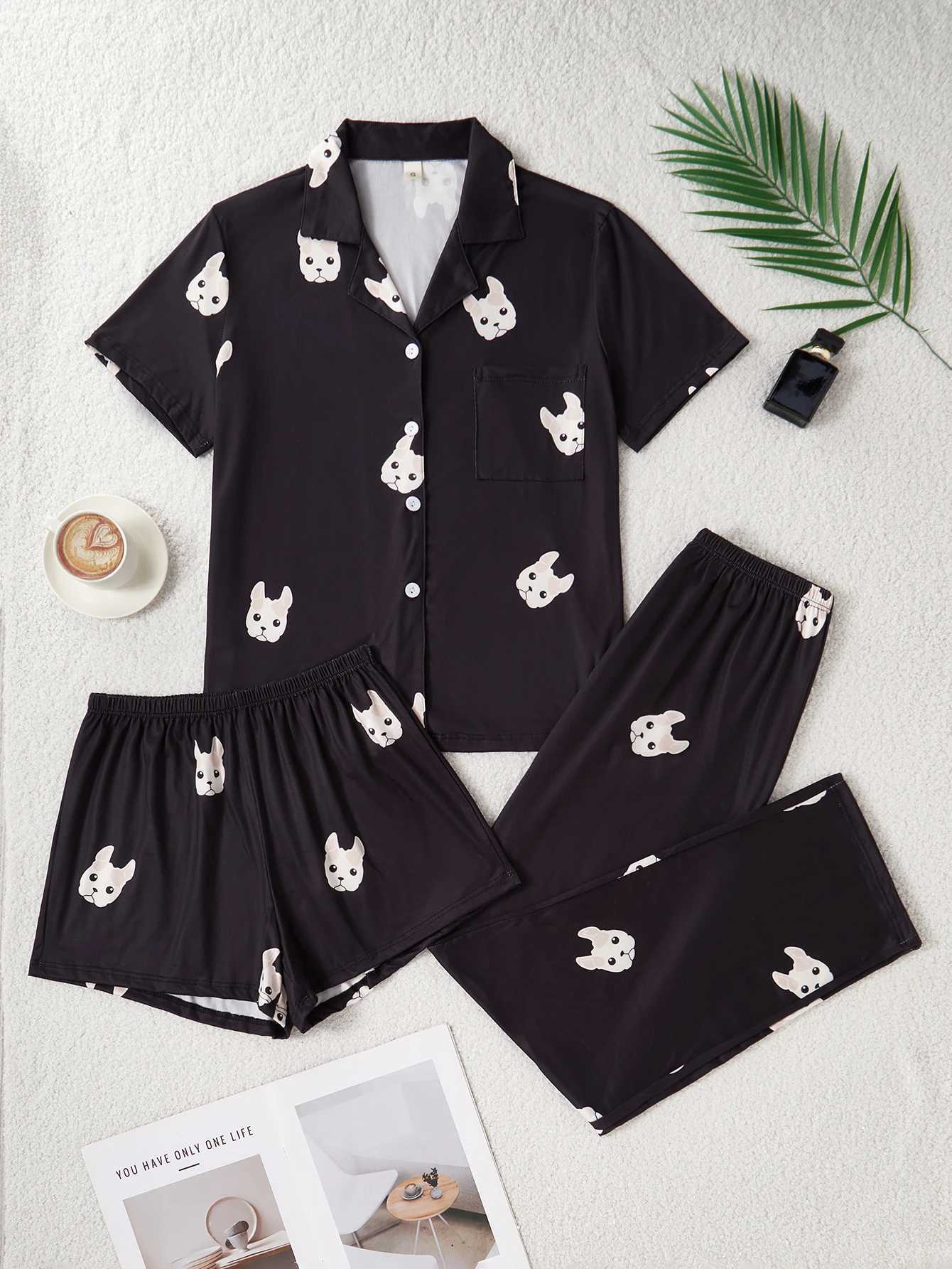 A new style of cute French Bulldog cartoon dog print pajama set shortsleeved shirt long pants and short pants threepiece caT251014