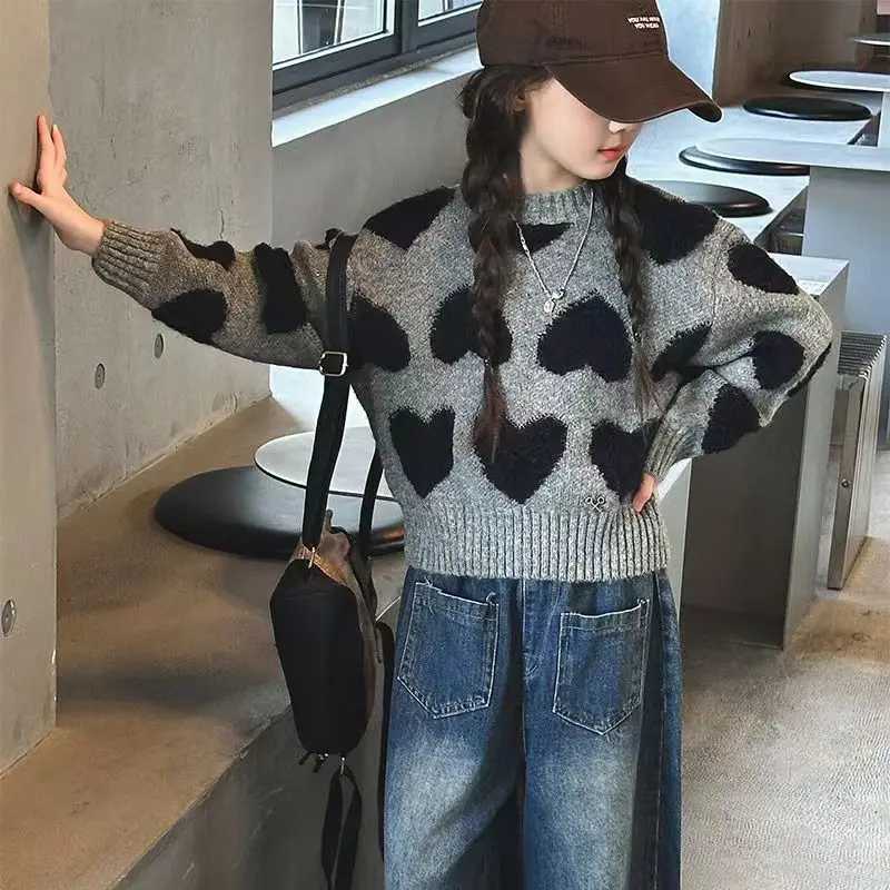 s Autumn Winter 2025 Korean Style Heart Print Knit Sweater s Pullover Trendy W251014