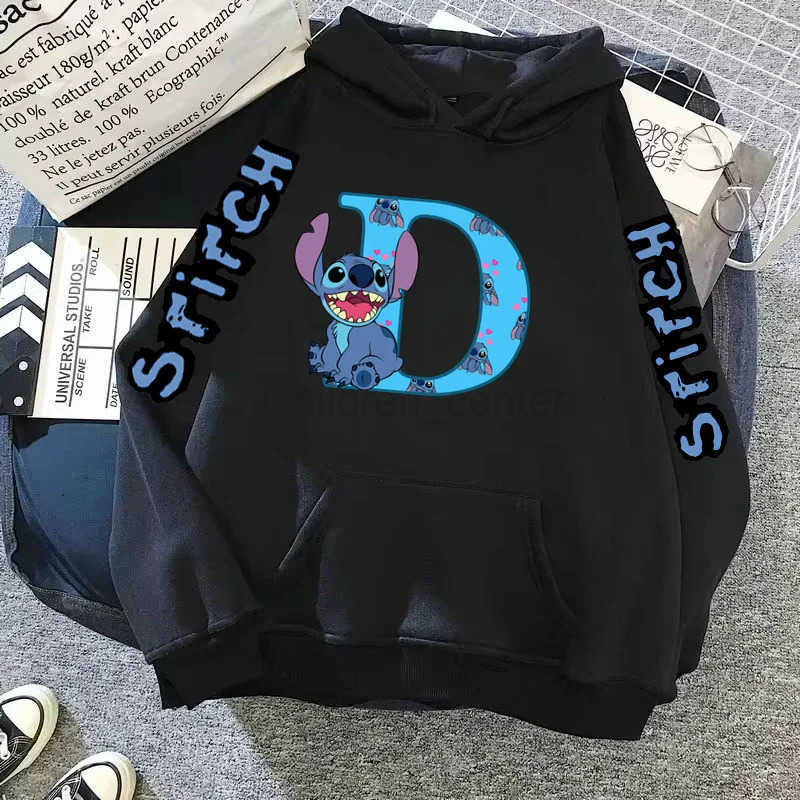 Disney 2025 Womens Winter Jacket Cute Kawaii Lilo Stitch Lucky Letter Print Black Hoodie Fashion Couple Streetwear Sportswear H251014
