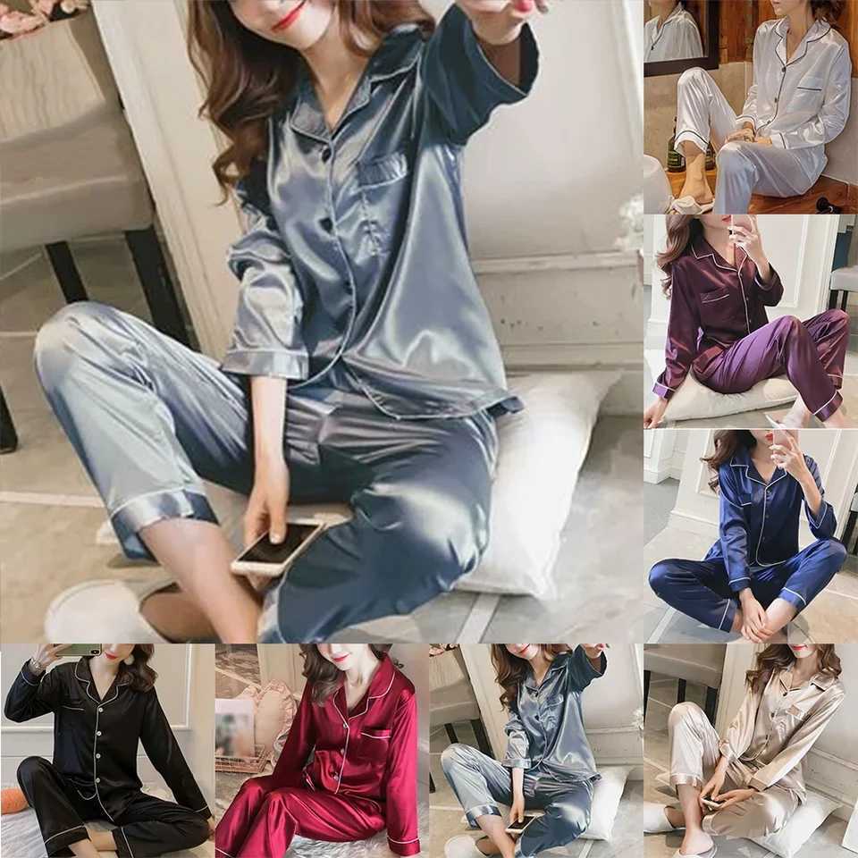 Women Satin Long Sleeve Pajama Set Lapel Top And Pants Solid Pajamas Loungewear 2024 New Arrival DropshippingT251014
