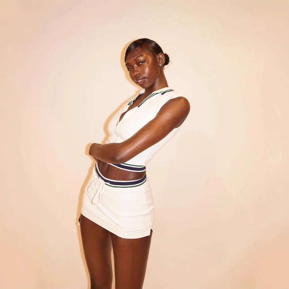 European and American New Cross-Border Women's Fashion Sports Casual Shirt Collar Solid Color Top Ribbed Tie Short Skirt Set for Women