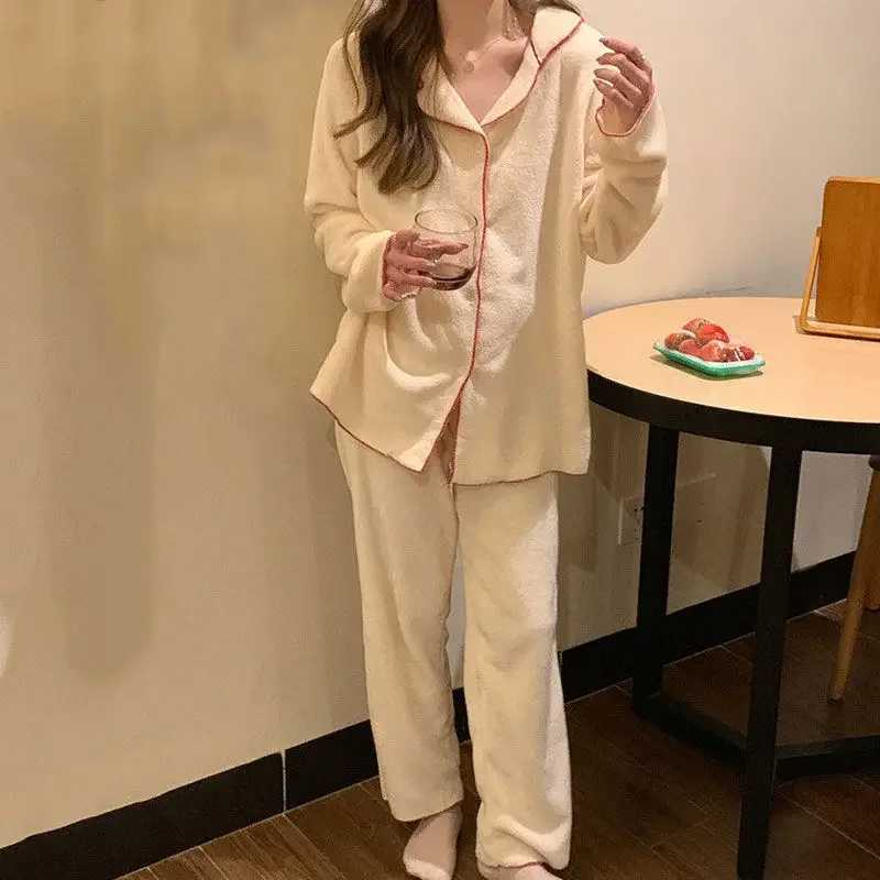 Flannel Womens Pajamas Sets Casual Autumn Winter Sleepwear Velvet Pyjama Ladies Cardigan Simple Bedroom Soft Warm Home Clothes Y251013