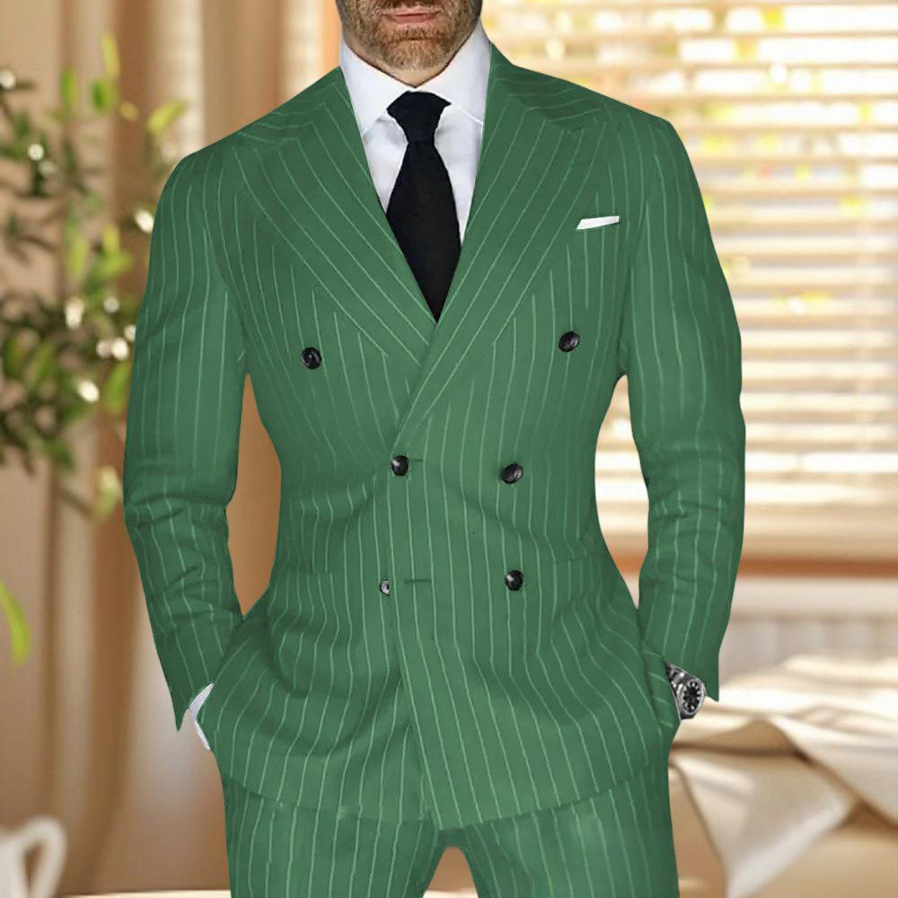 Stripe Double Breasted Men Suits for Wedding Groom Tuxedo Slim Fit Custom Made Pinstriped Male Suit 2 Pcs JacketPants 2024 240528