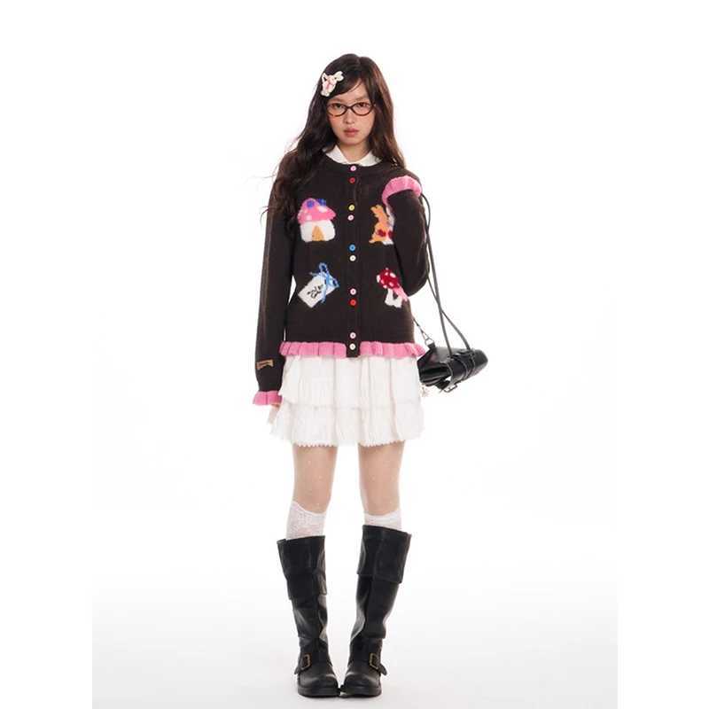 Harajuku Cartoon Knitted Cardigan Women Kaii Print Sweater Outerwears Vintage Korean Patchwork Knitwears Winter Design Jumpers W251014