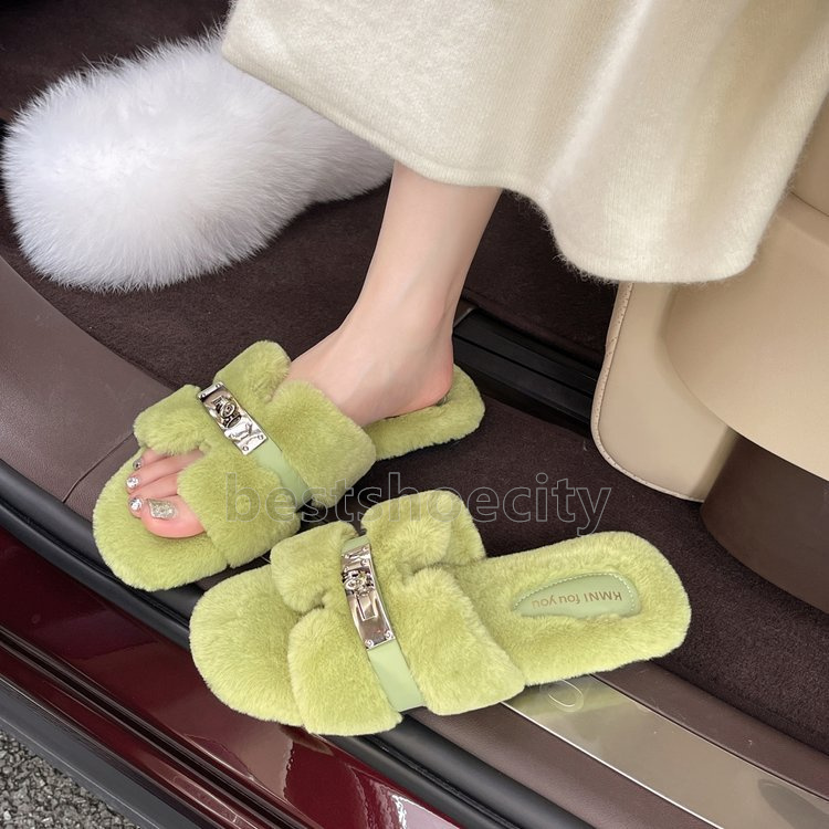 Womens Chic buckle sandals Comfortable Ladies Plush-Fur Interior slides flat slippers Outdoor Indoor Soft house shoes Size 35-40
