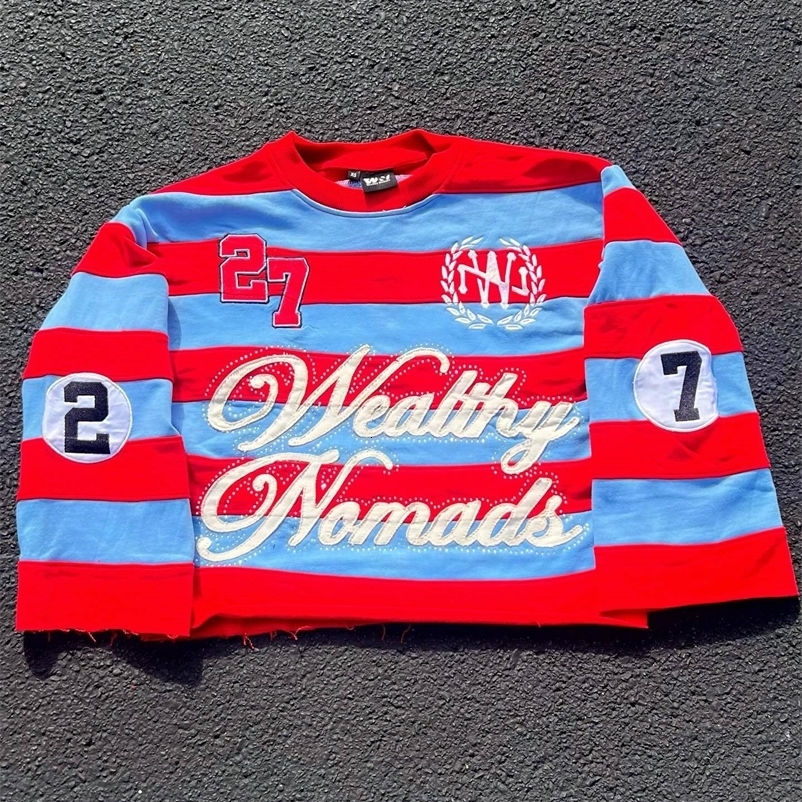 Men Women Hip Hop Patchwork Stripe Graphic T Shirt Y2k Harajuku Fashion Round Neck Shirt Long Sleeved T Shirts 251013