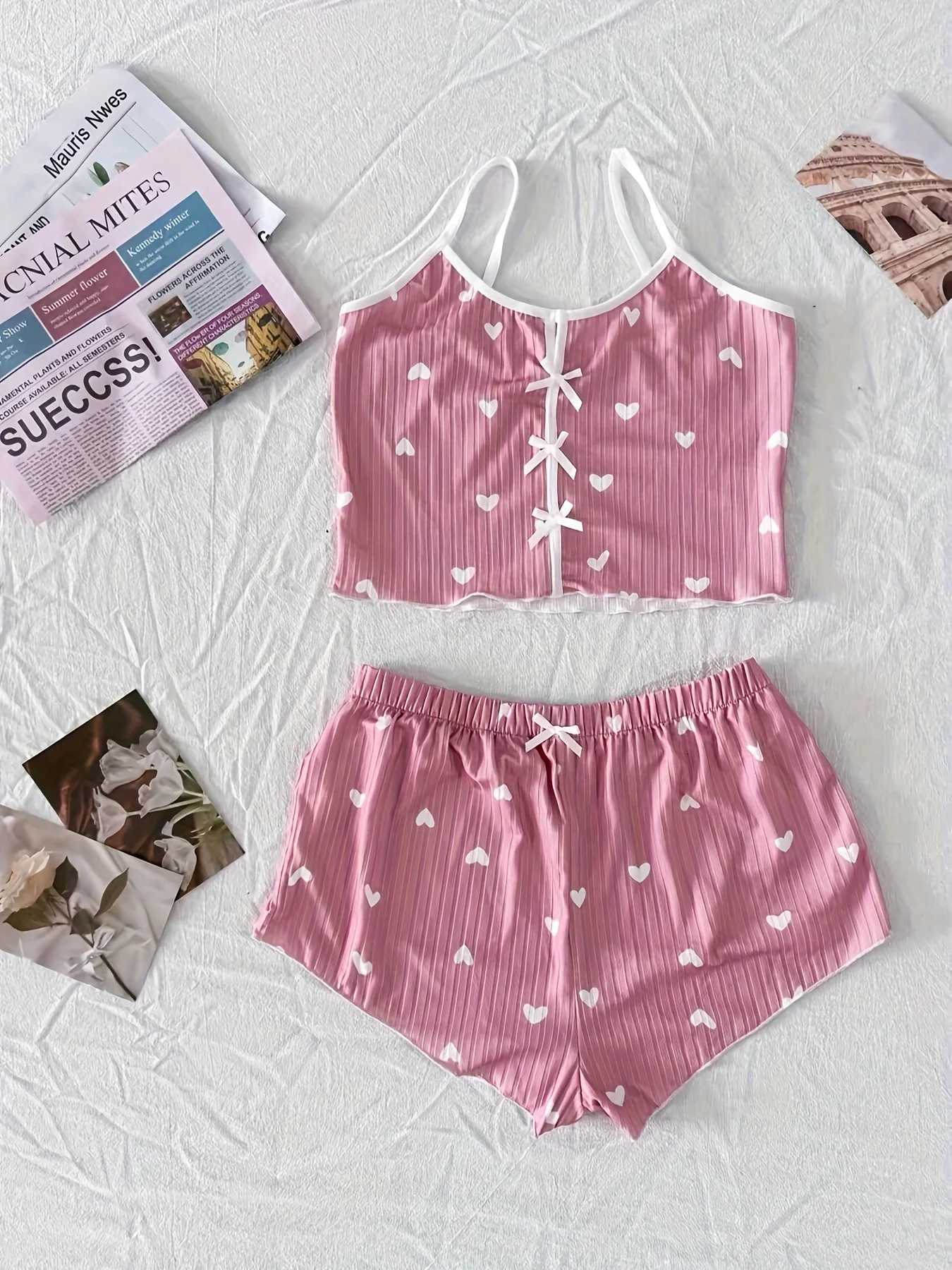 Summer Heart Print Sexy Ribbed Bow Decor Pajama Set for Womens Sleepwear Comfortable Crop Cami Top Shorts LoungerwearT251014