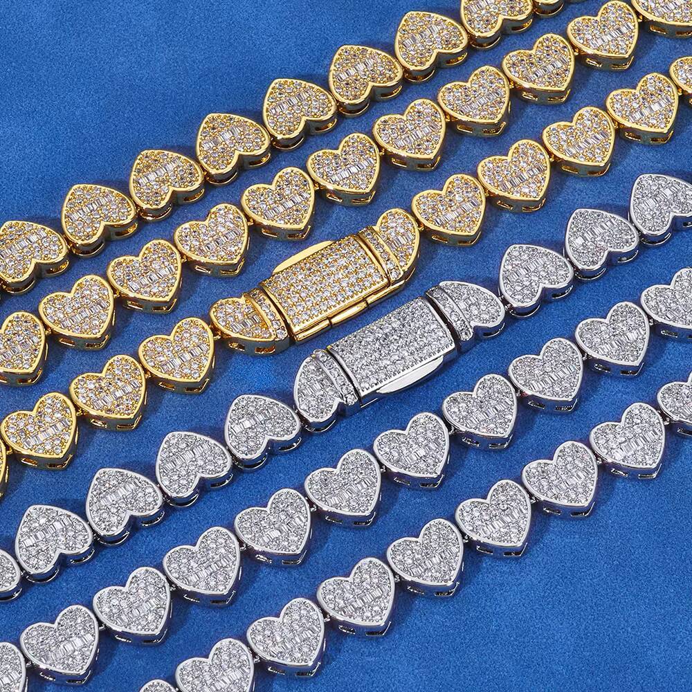 NUOYA 8mm Mixed Inlay Iced Out Baguette Heart Tennis Chain 925 Silver VVS Moissanite Necklace Hip Hop Womens Fine Jewelry