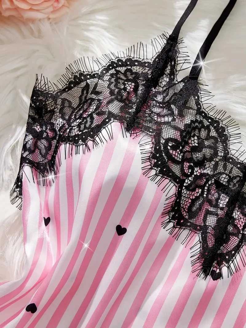 Summer Silk Satin Womens VNeck Sexy Lace Suspender Pajama Shorts Set Stripes Heart Casual Womens Sleeveless Sexy Pajama SetT251014