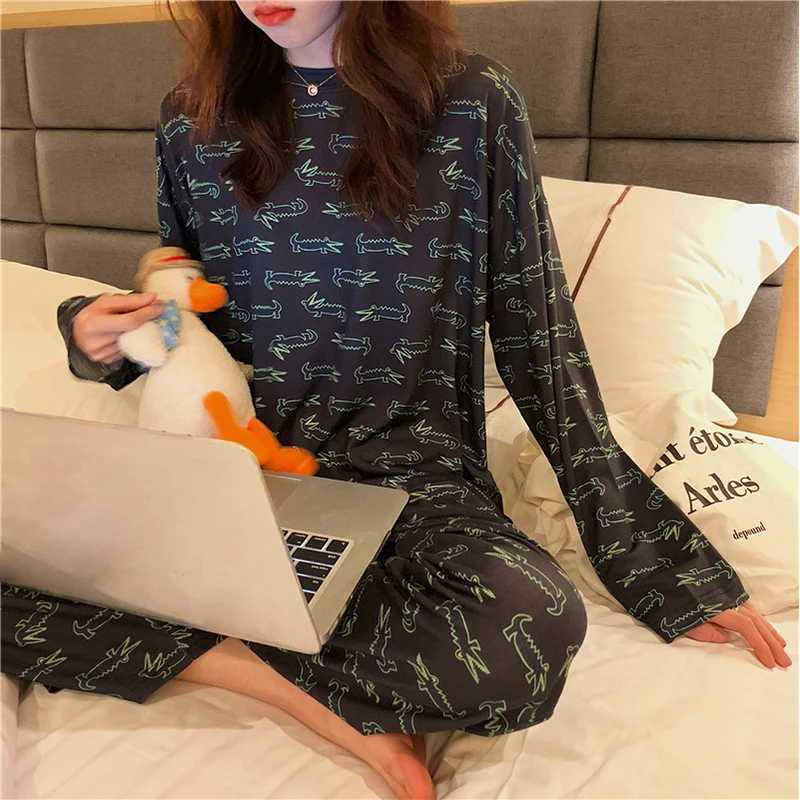 Cute SpringAutumn Big Size Womens Pajamas Set Sleepwear for Sleeping Long Sleeve Nightie Home ClothesT251014