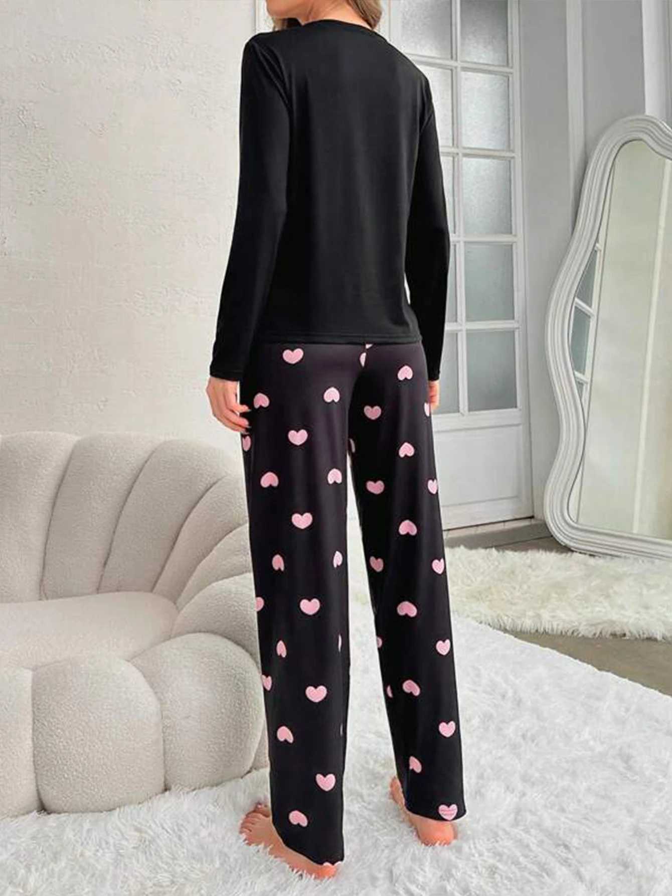 Women Pajamas Set Heart Slogan Print Long Sleeve Round Neck Top Allover Heart Prints Elastic Pants Black Autumn SleepwearT251014