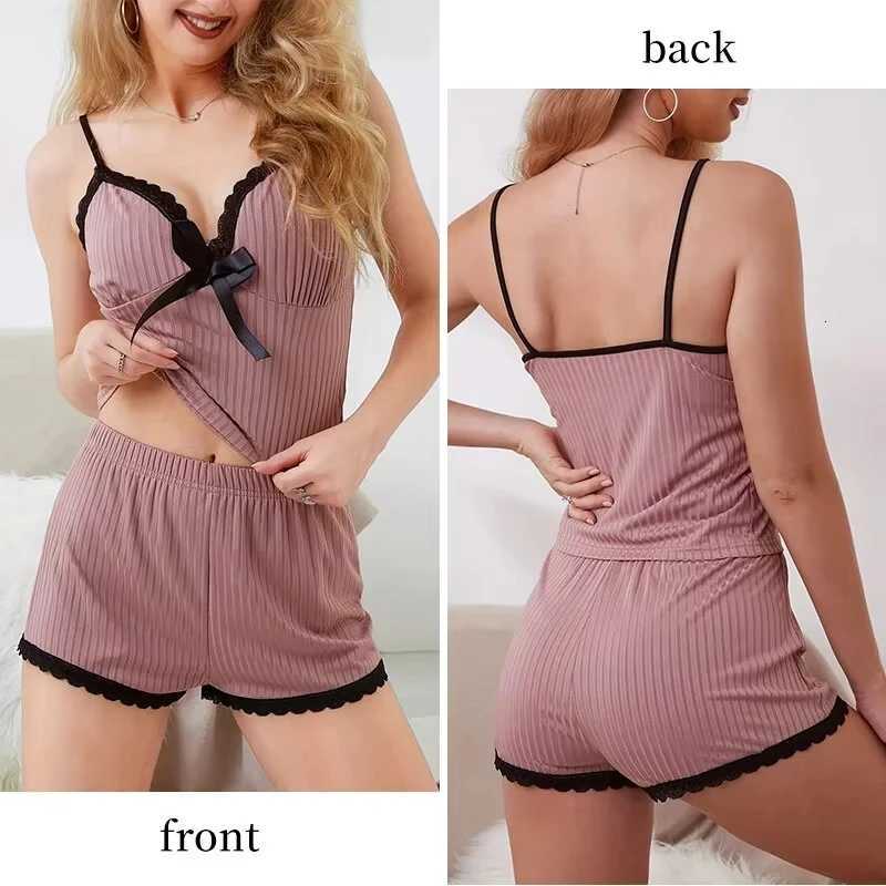 New Womens Sexy Ribbed Pajama Set Lace Trim Cami Top and Shorts Two Piece Sleepwear Loungewear V Neck with Bow Spaghetti StrapT251014