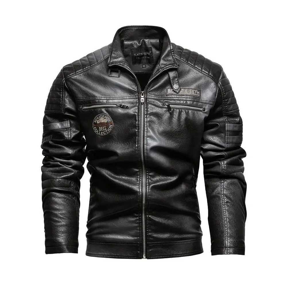 Mens Motorcycle Biker JaCKet Cotton PU LeaTHer JaCKets Male Slim Fit Zipper Windproof Plus Size Warm Overcoat J251014