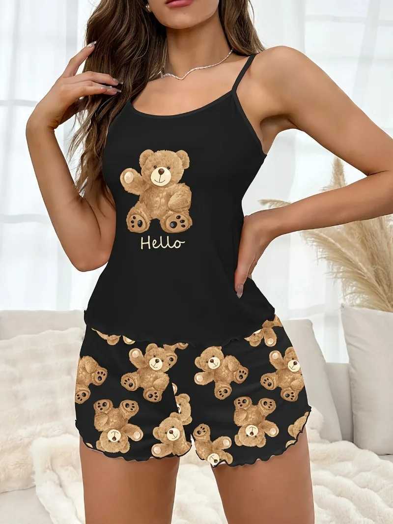 Summer Cute Black Bear Printed Sling Crop Tops and Shorts Pajamas Set for Womens Loungewear Sleepwear Home Wear ClothesT251014
