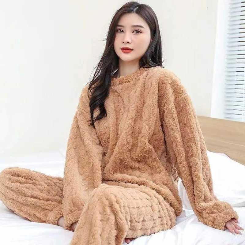 Autumn Women Solid Warm 2 Piece Sets Thicken Velvet Ribbed Fleece Set Pullover And Pants Women Casual Pajama Sets 2023T251014