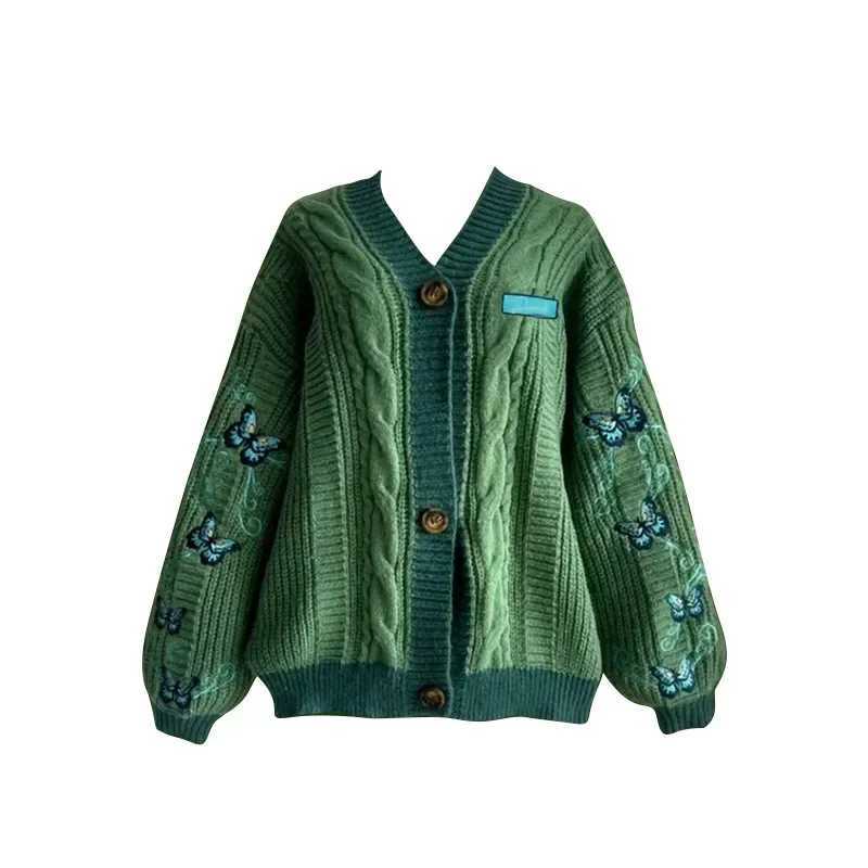 American Vintage Butterfly Embroidery Knitted Cardigan Autumn Winter Fashion Letter Patch Loose Casual temperament Women Sweater W251014