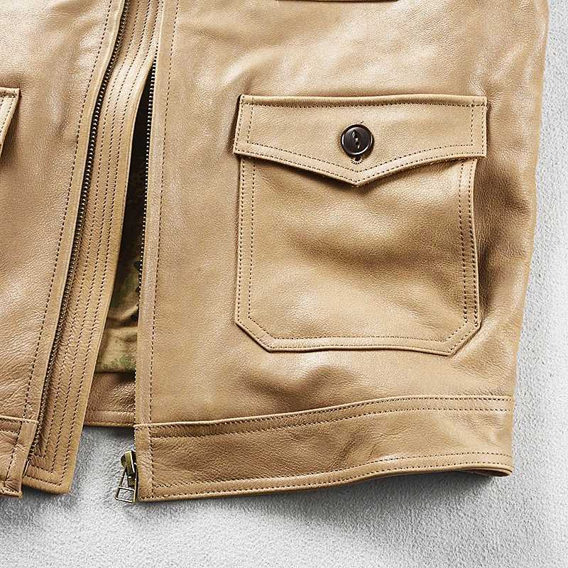 Khaki Autumn Leather Jacket Men Safari Style Plus Size 5XL Genuine Natural Cowhide Four Pockets M65 Leather Coat J251014