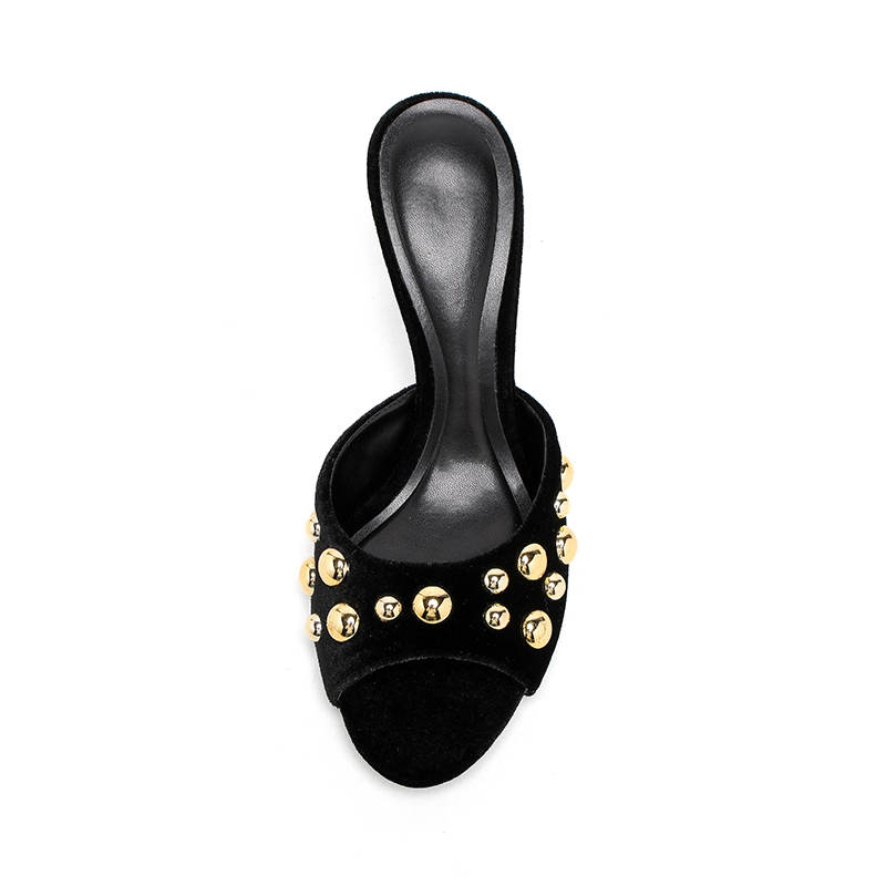 Women's Fashion Black Velvet Studded Stiletto Heel Mules - Elegant Round Toe Slip-On High Heels-6117