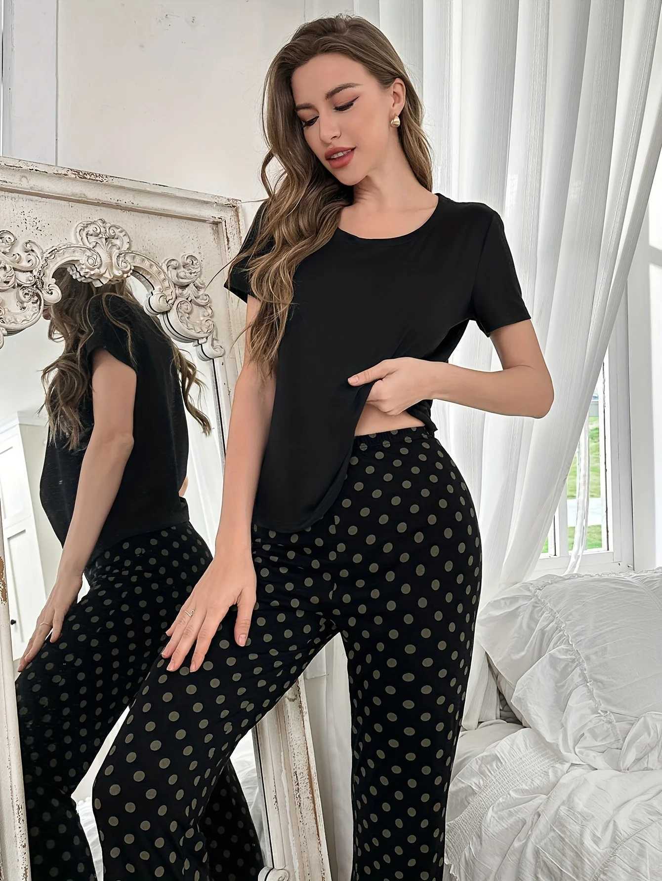 2Piece Womens Pajama Set Polka Dot Print ShortSleeved Pants SetT251014