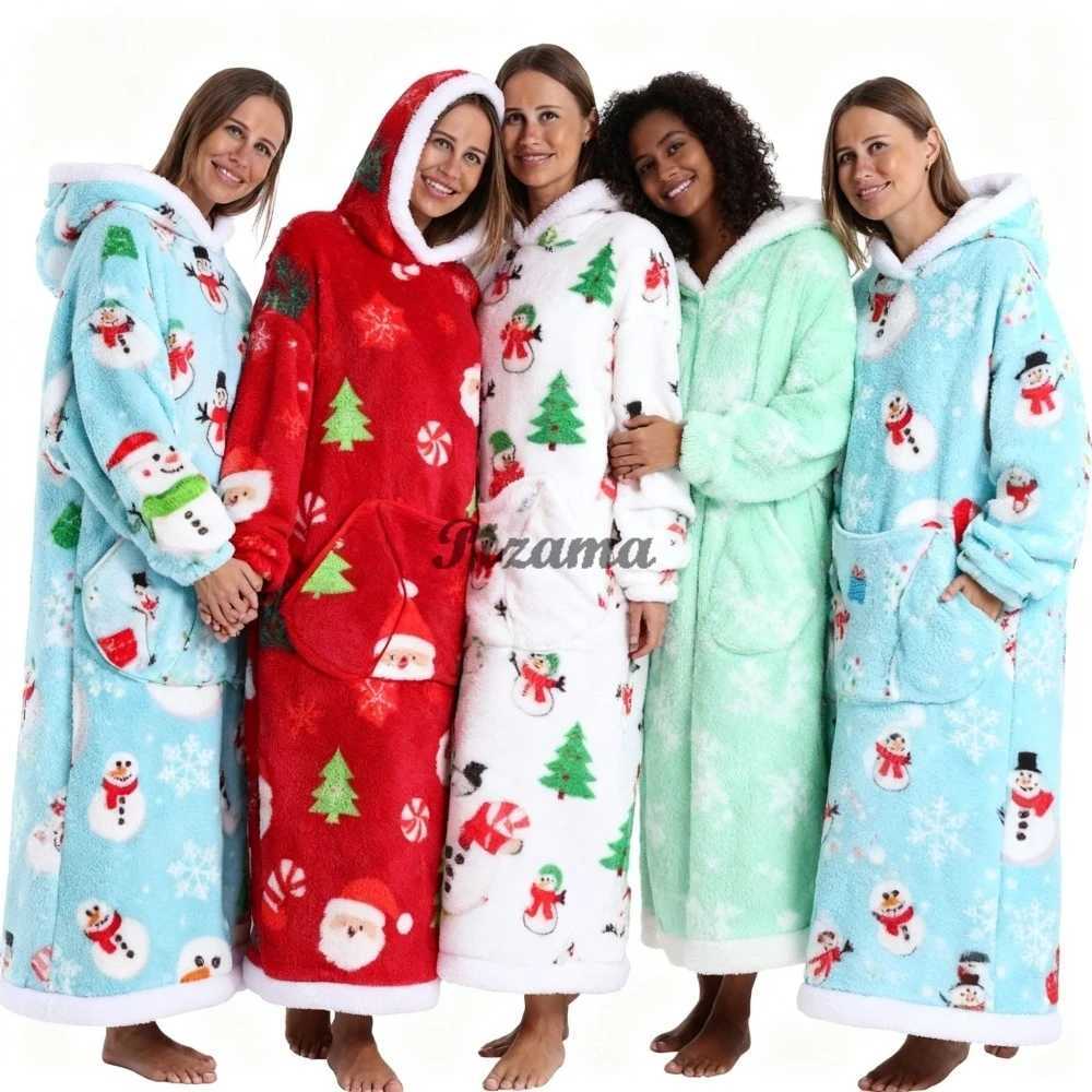 Winter Warm Flannel Thick Christmas Womens Robes Oversized Wearable TV Blankets Super Long Vestidos Night Robes Adult Bathrobe Y251013