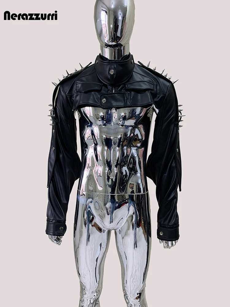 Mauroicardi Cool Black Cropped Pu Leather Jacket Men Rivet Shoulder Pads Zip Up Short Luxury Punk Style Clothes European Fashion J251014