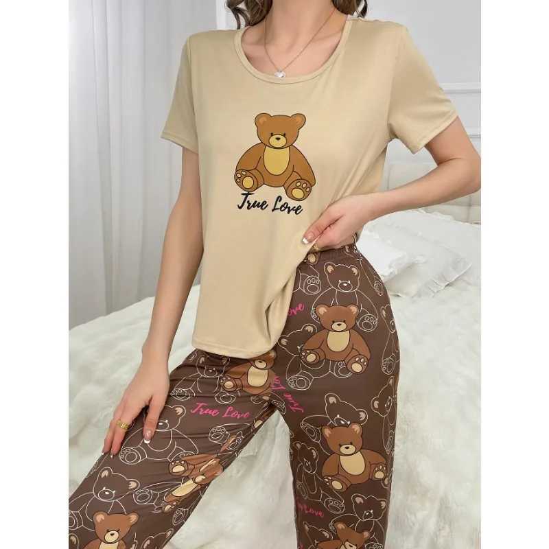 Womens Pajamas Set Short Sleeve Top And Pants Sleepwear 2 Piece Set Women Cute Print Casual Breathe Homewear AutumnT251014