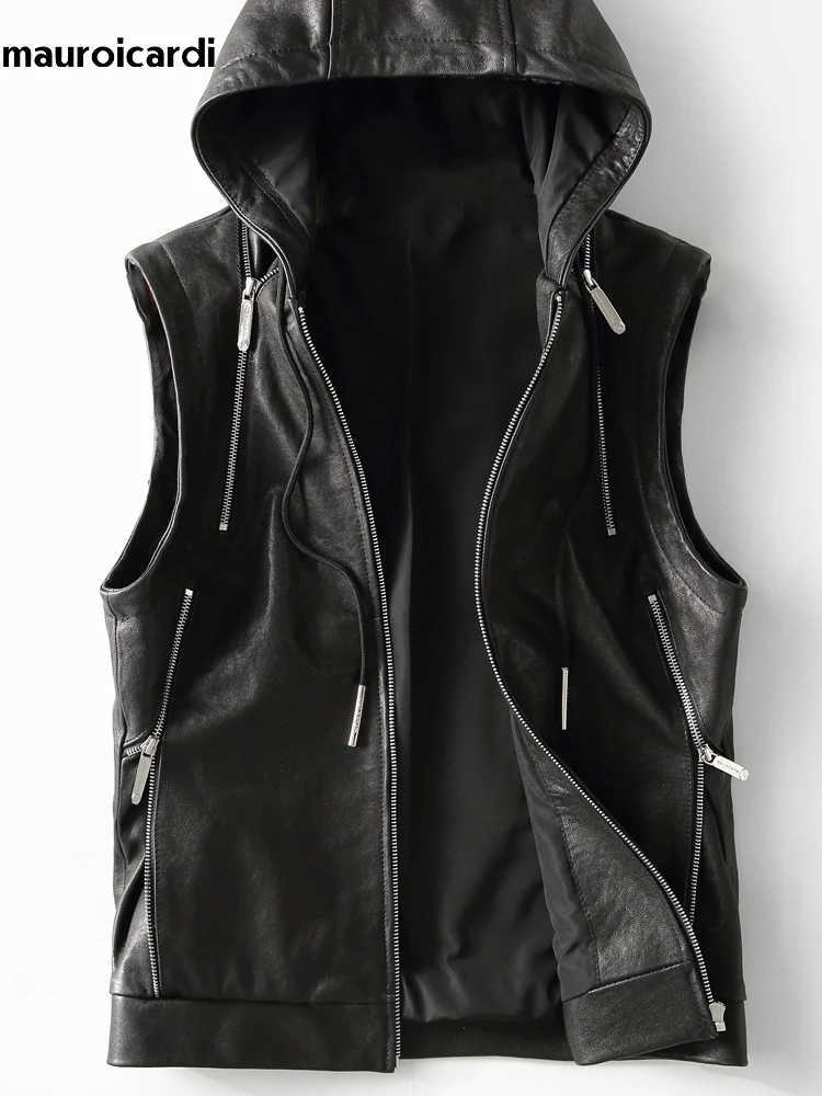 Mauroicardi Spring Autumn Luxury Elegant Cool Black Pu Leather Vest for Men with Hood Zipper Sleeveless Jacket Men Clothing 2023 J251014