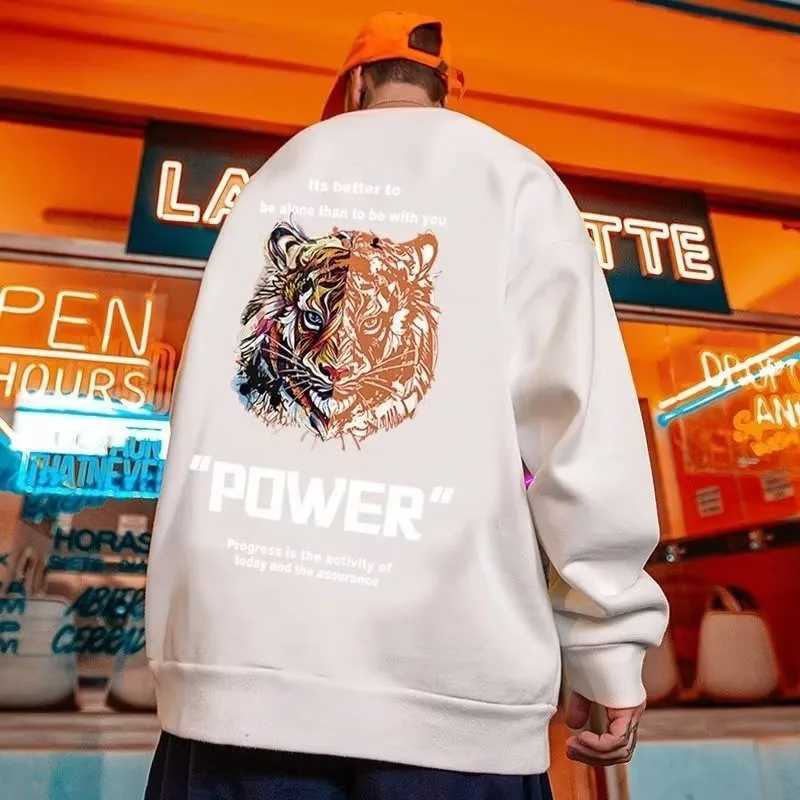 M8XL Men Oversized Sweatshirts Fashion Loose American Retro Tiger Print Sweatshirts Long Sleeve Plus Velvet Couple Clothes J251014