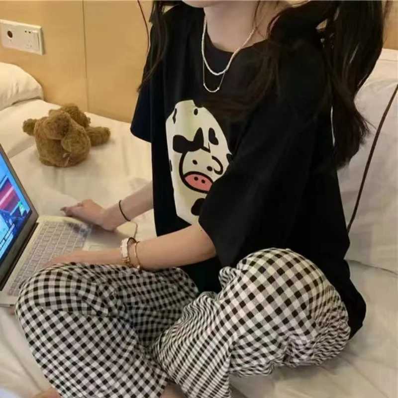Summer Gilrs Two Pieces Sets Pajamas Short Sleeve Trousers Oneck Homewear Thin Elastic Loose Soft Plaid Cartoon Printing CuteT251014