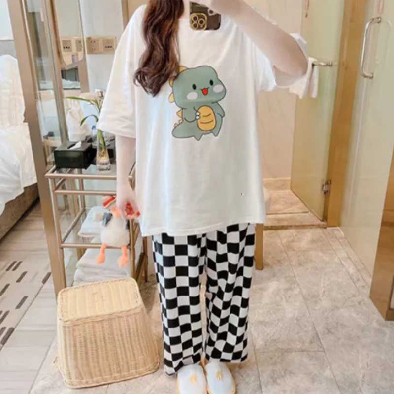 Summer Gilrs Two Pieces Sets Pajamas Short Sleeve Trousers Oneck Homewear Thin Elastic Loose Soft Plaid Cartoon Printing CuteT251014