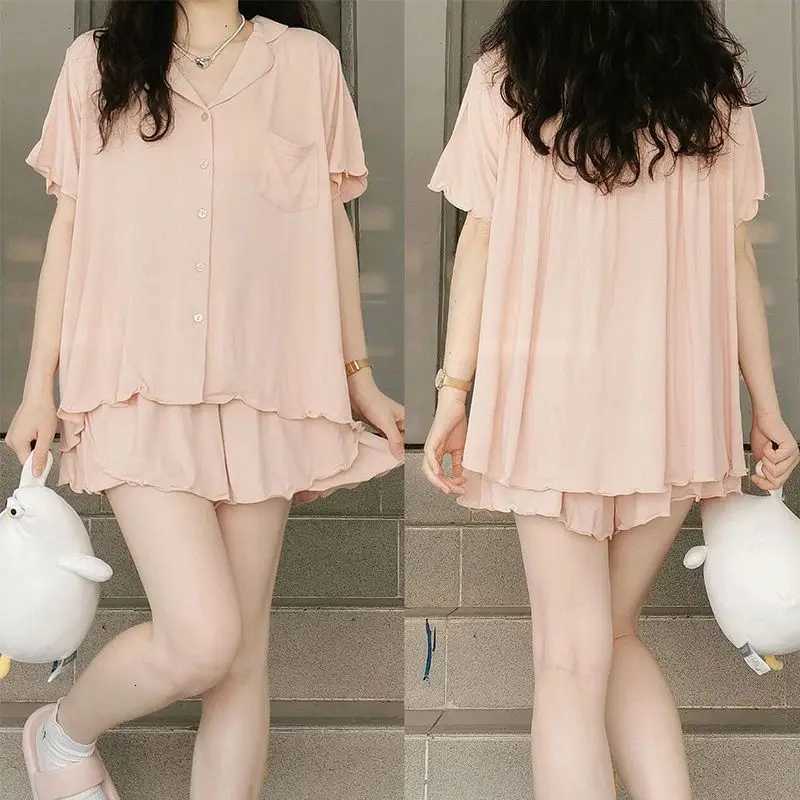 Women Frech Style Pajamas Set Female Solid Ruffles Short Sleeves Pant Home Suit Girl Loose Casual Sweet Loungewear Plus Size 4XLT251014