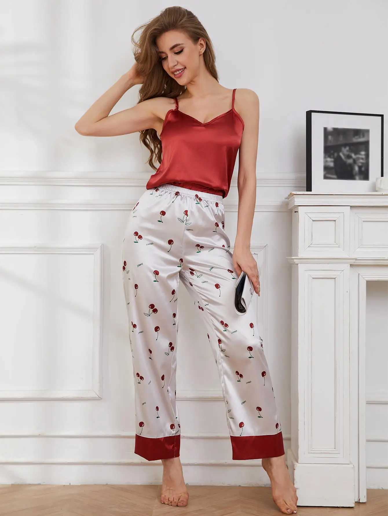 Silk Satin Women Pajama Set V Neck Solid Sleeveless Top Long Cherry Print Pants 2 Pcs Female Sleepwear Nightwear HomewearT251014