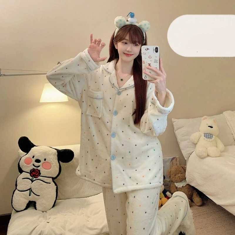 Autumn Winter New Pajamas Lapel Neck Long Sleeve Colourful Dot Print Warm Sleepwear Thick Casual Pajamas Coral Fleece TwoPiece Y251013