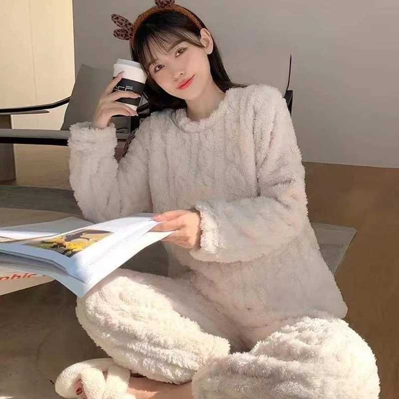 Autumn Women Solid Warm 2 Piece Sets Thicken Velvet Ribbed Fleece Set Pullover And Pants Women Casual Pajama Sets 2023T251014