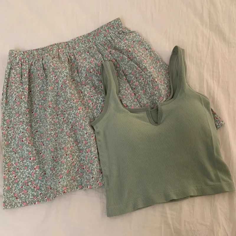 Floral Elastic Waist Pajama Vest With Padded Chest Pajama Pants Home Pants Summer Set For WomenT251014